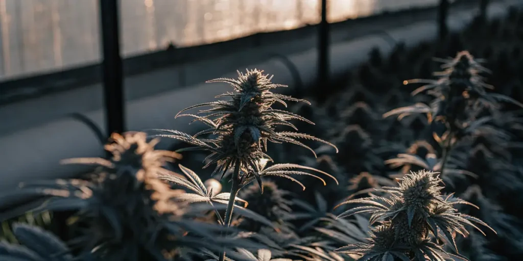 Close-up of cannabis buds covered in frosty trichomes inside a greenhouse.