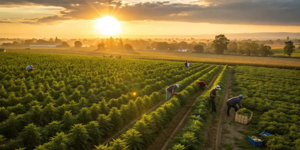 Workers harvesting cannabis plants during blockchain-powered supply chain improvements.