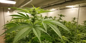 Blueberry Auto cannabis plant thriving indoors under artificial light.