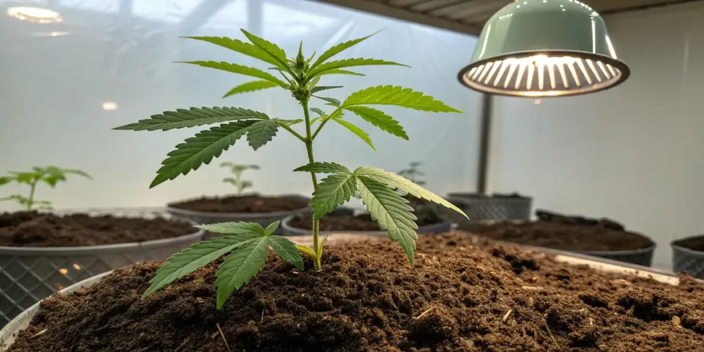 Young Blueberry Auto cannabis seedling growing under a grow lamp.