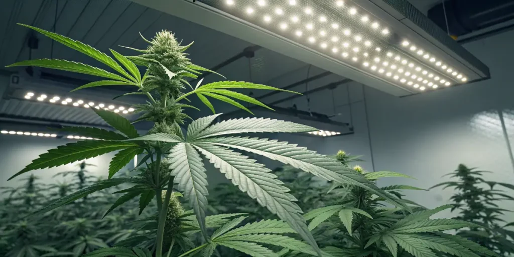 Young Blueberry cannabis seedling growing indoors under purple LED lights.