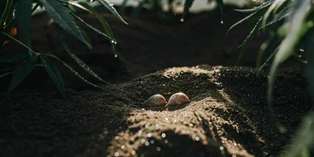 Macro shot of blueberry cannabis seeds nestled in moist soil under cannabis leaves.