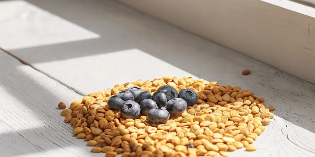 Blueberry cannabis seeds displayed with fresh blueberries on a bright wooden background.