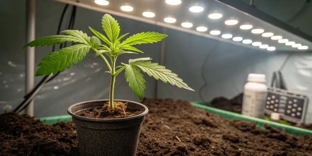 Break-Up Cake Auto cannabis seedling developing under LED lighting.