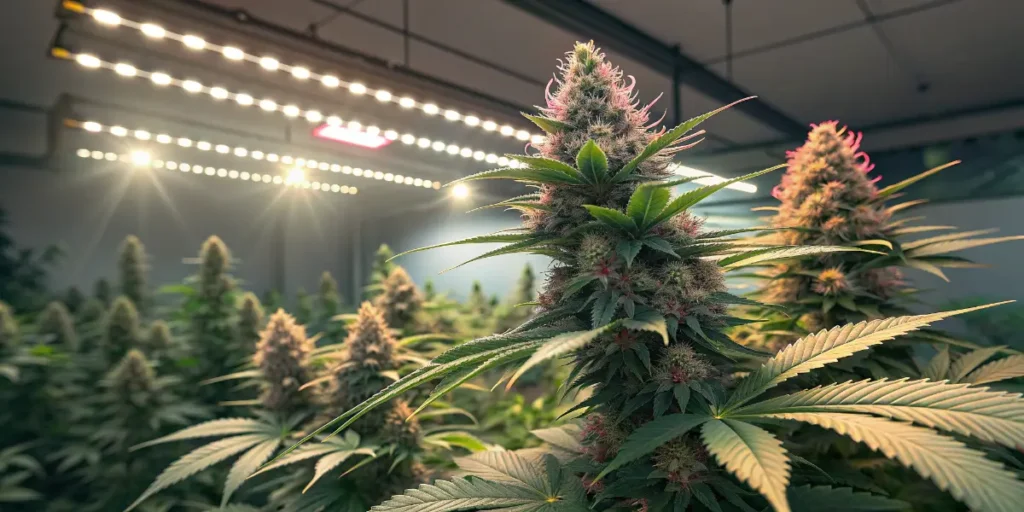 Break-Up Cake cannabis plant in full flowering stage under LED lights.