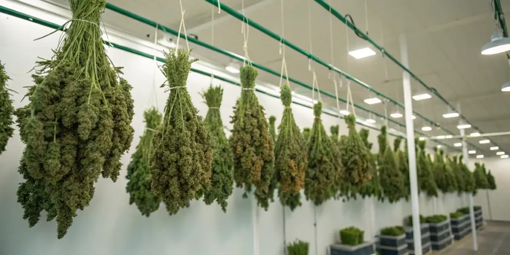Break-Up Cake cannabis buds drying in a professional indoor facility.