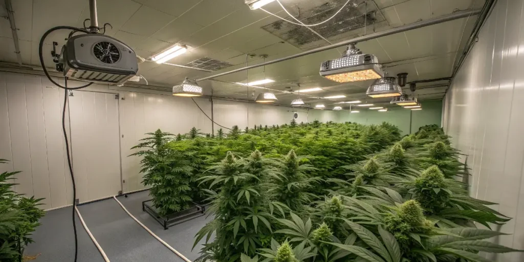 Indoor grow room with Bruce Banner 3 Auto plants in full bloom.