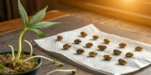 Bruce Banner 3 Auto seedlings sprouting beside cannabis seeds.