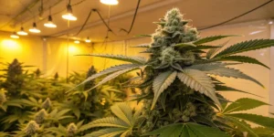 Mature Bruce Banner 3 buds forming under indoor lighting.