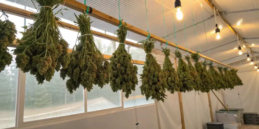 Controlled drying of Bruce Banner 3 cannabis buds in a ventilated space.