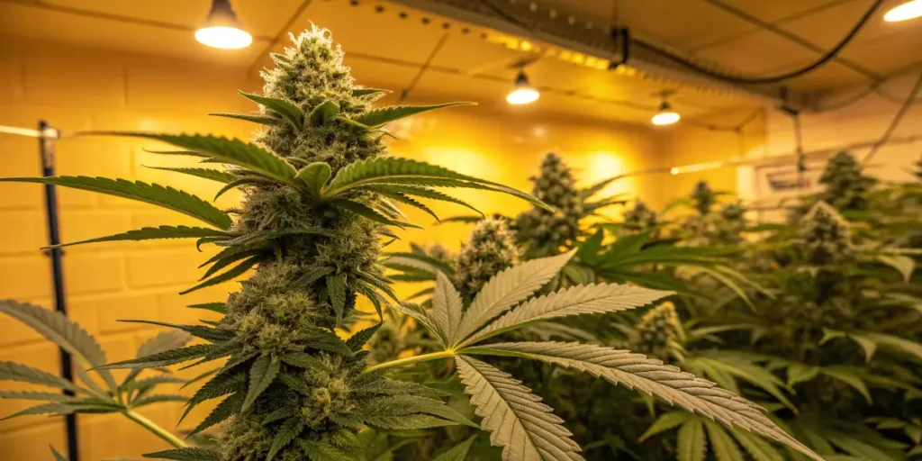 Close-up of Bruce Banner 3 cannabis plant in full flowering stage.