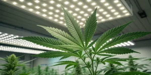 Close-up of Bruce Banner Auto leaves under indoor lighting.