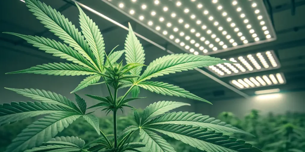 Bruce Banner Auto young plant under LED lights in pot.