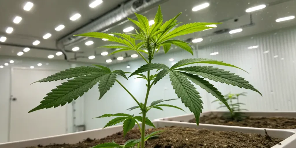 Bruce Banner cannabis seedling growing indoors under LED lights.