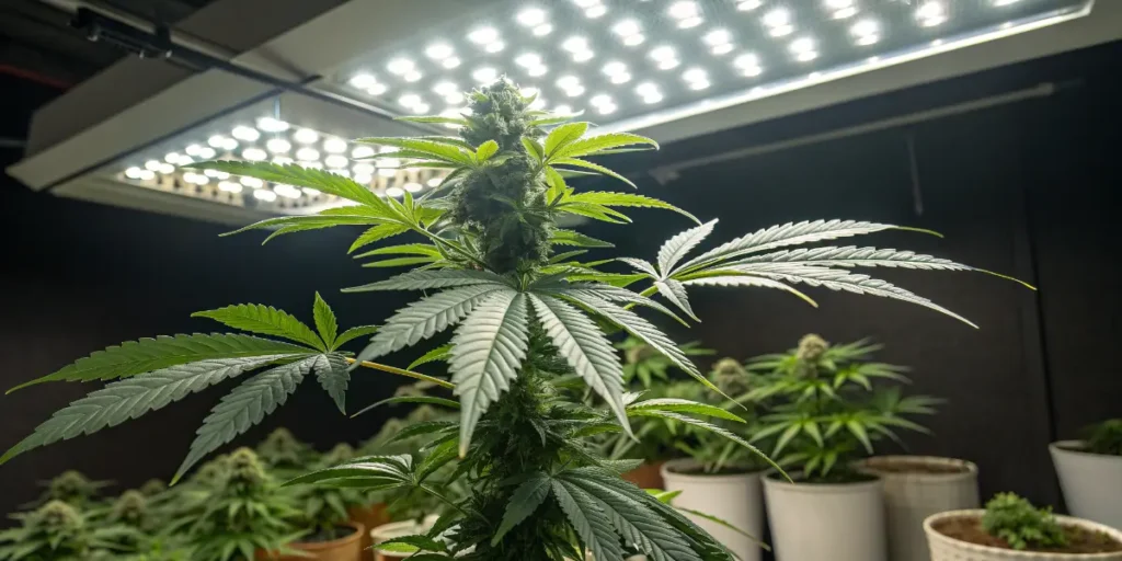 Bruce Banner Fast Blooming plant under LED lights during flowering.