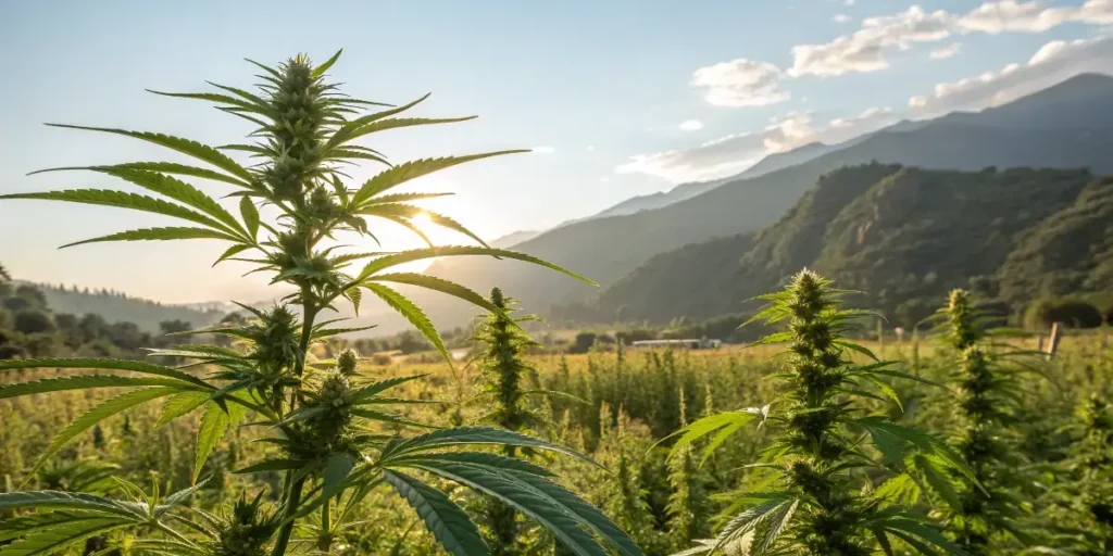 Outdoor Bruce Banner Fast Blooming cannabis plants under sunlight.