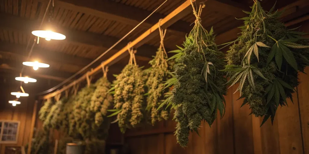 Bubble Gum Auto buds drying in a wooden curing room.