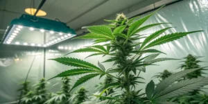 Bubble Gum Sherb cannabis strain growing indoors under LED lamps.