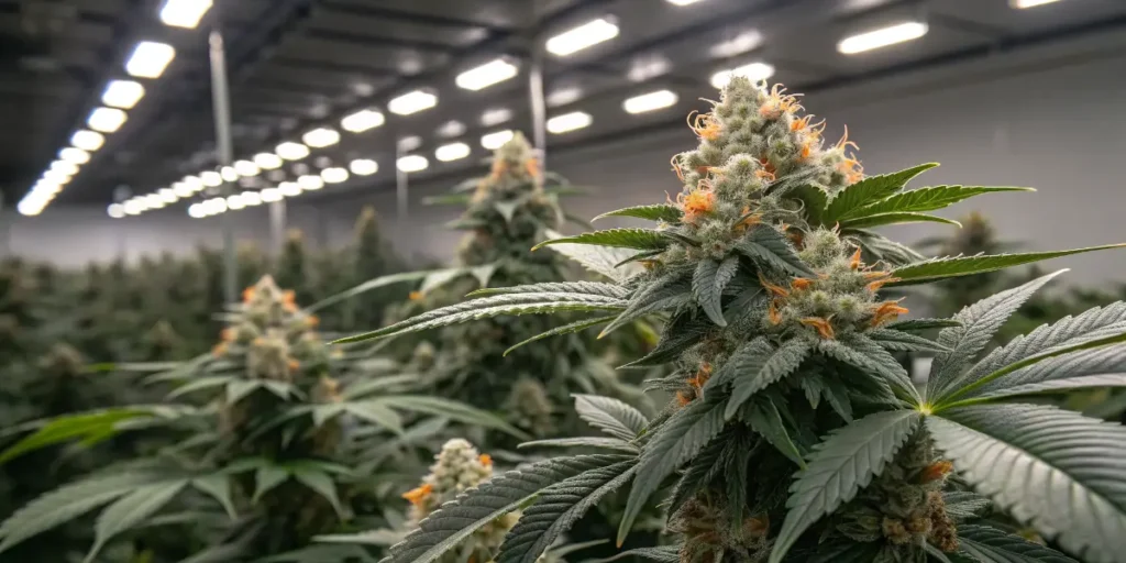 Dense Cafe Racer Auto cannabis bud covered with orange pistils and trichomes in indoor grow room.