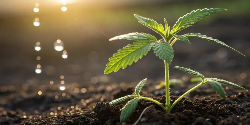 Young Cafe Racer Auto seedling in moist soil with sunlight and water droplets falling nearby.