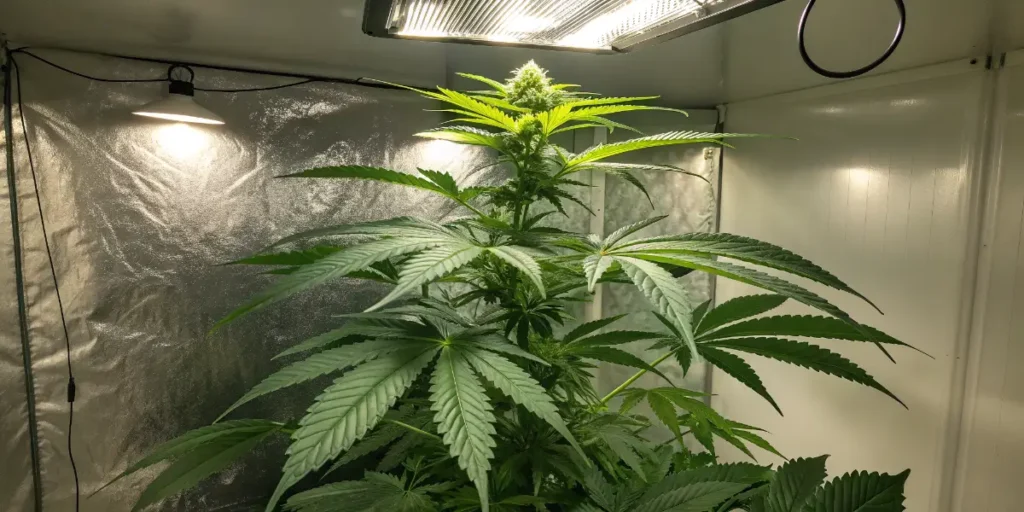 Mature Cafe Racer cannabis plant developing thick buds under strong indoor lights.