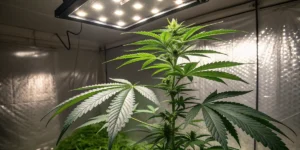 Tall Cafe Racer cannabis plant under LED grow lights in an indoor cultivation tent.