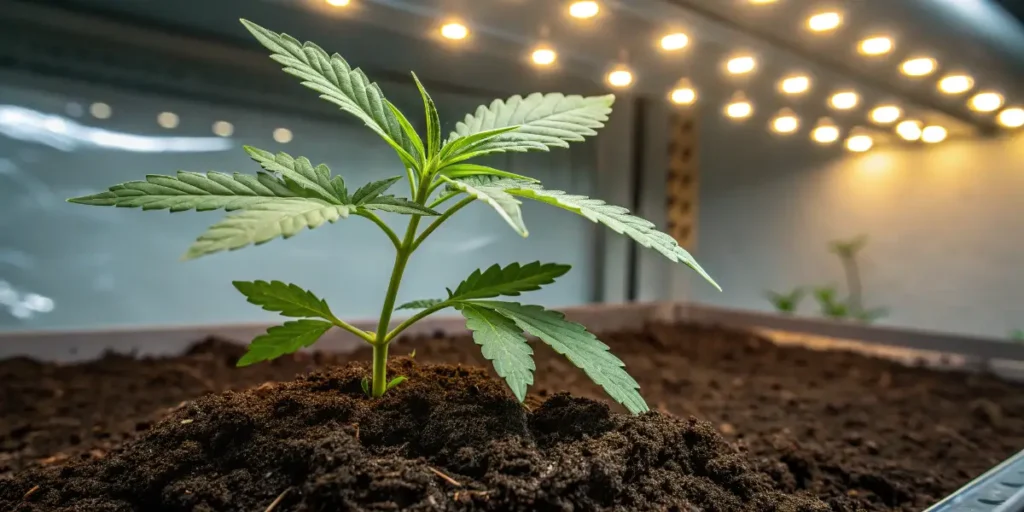 Young Cafe Racer seedling growing in nutrient-rich soil under bright LED lights.