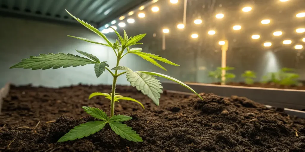 Small Cafe Racer cannabis plant with vibrant leaves under indoor grow lights.
