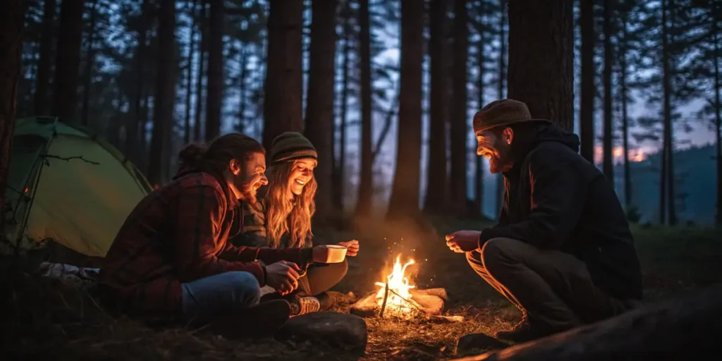 Group of friends enjoying cannabis around a campfire at night.