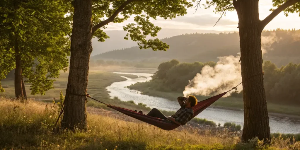Person relaxing in a hammock smoking cannabis during a camping trip.