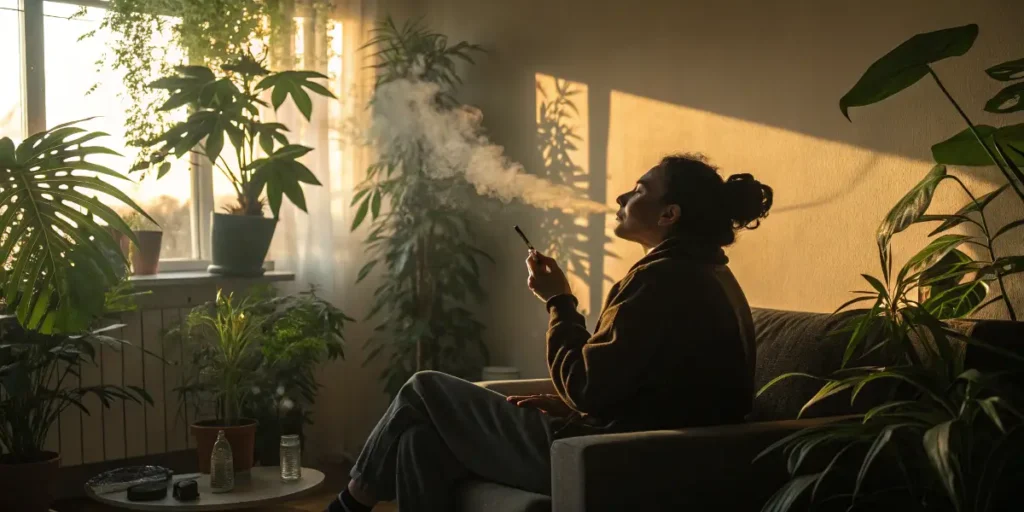 Person inhaling cannabinoids in a relaxed home environment.