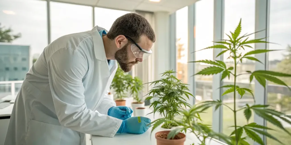 Laboratory scientist analyzing cannabis for medical research.