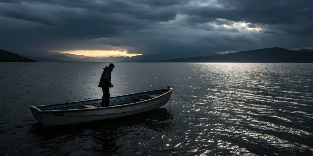 Person fishing on a boat at dusk with moonlight reflecting on calm lake water.