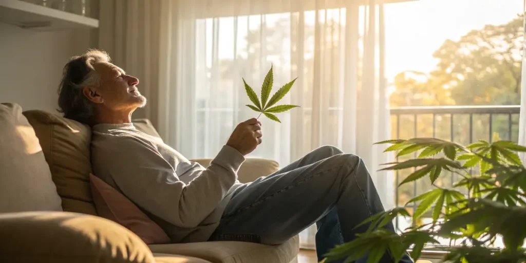Smiling man sitting by the window holding a cannabis leaf, symbolizing marijuana and tinnitus relief.