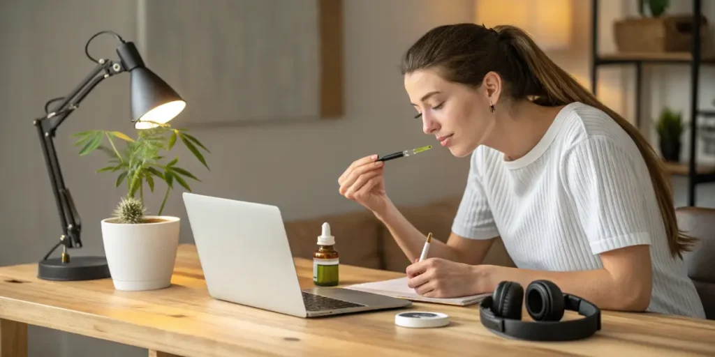 Woman researching can marijuana help with tinnitus while working at her desk with CBD oil and laptop.