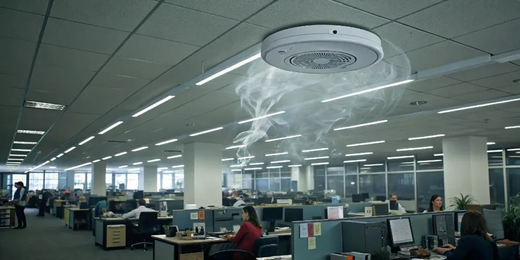 Smoke rising under a ceiling detector in an office, showing how vapes affect smoke alarms.
