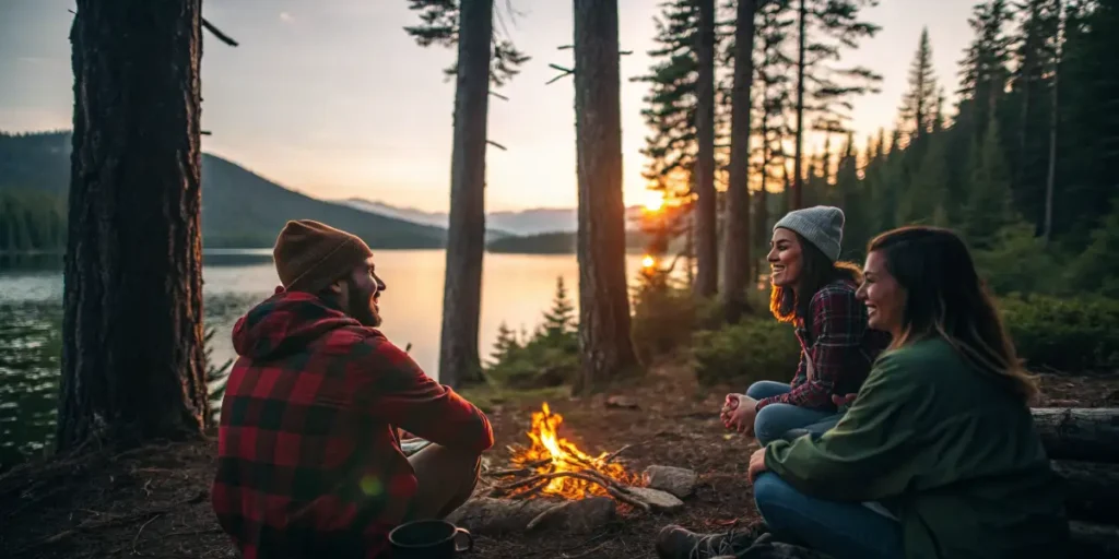 Group of friends enjoying a campfire by a lake in Canada at sunset.