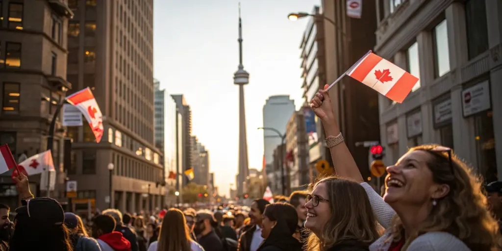 People smiling and waving Canadian flags in a city celebration.