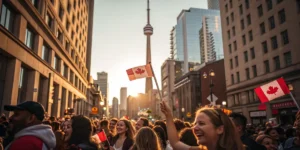 Crowd celebrating with Canadian flags in downtown Toronto.