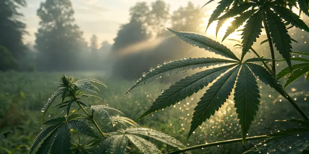 Close-up of cannabis leaves with morning dew in a sunlit field.