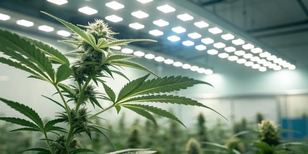 Cannabis plant with cannabicyclol growing indoors under LED lights.