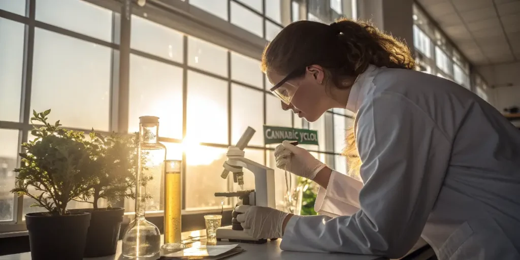 Scientist analyzing cannabis samples in a laboratory.