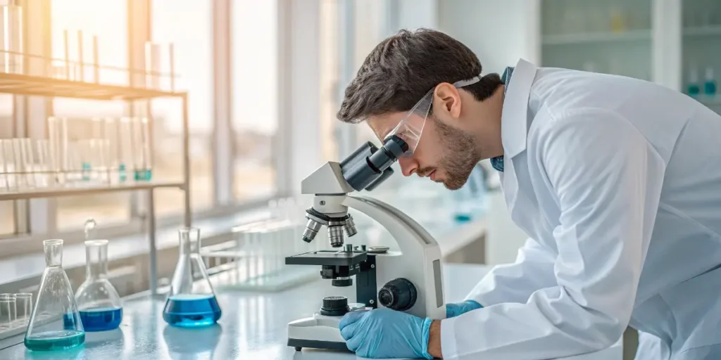 Scientist analyzing cannabinoids under a microscope in a laboratory.