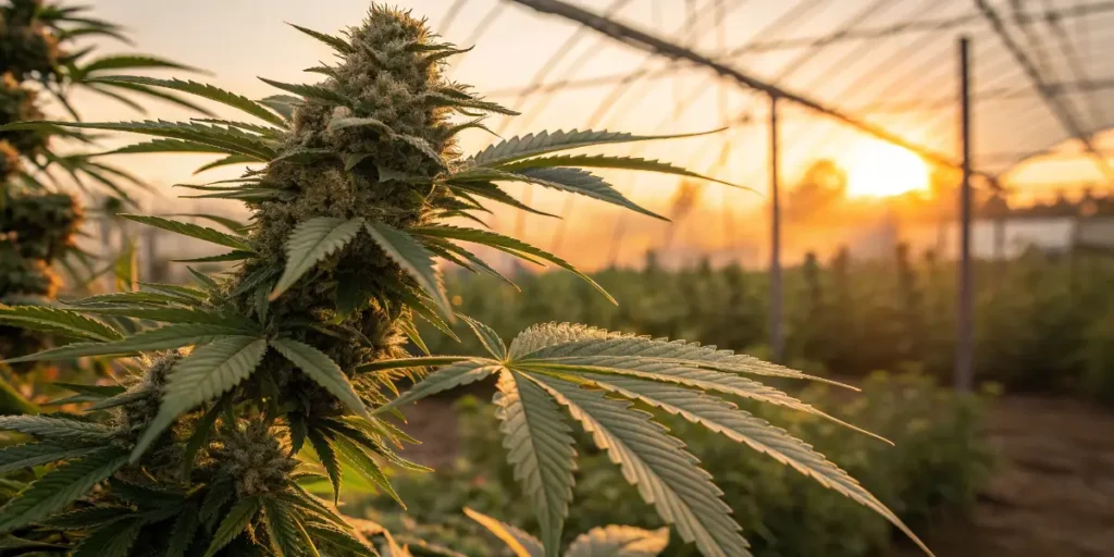 Cannabis plant rich in cannabinoids growing under natural sunlight.