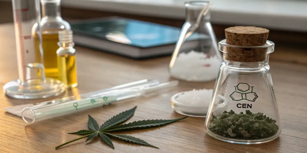 Laboratory glassware with extracted cannabis compounds and a cannabis leaf.
