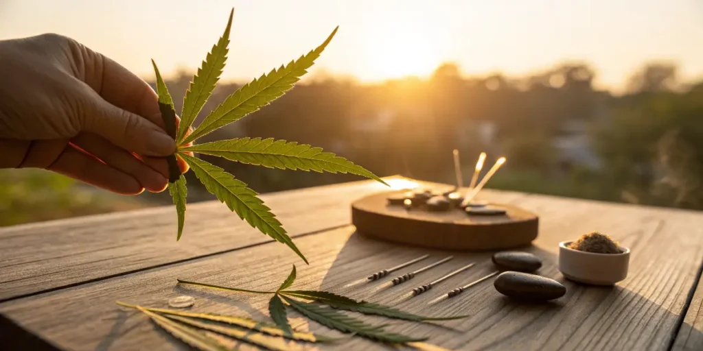 Hand holding a cannabis leaf beside acupuncture needles at sunset.