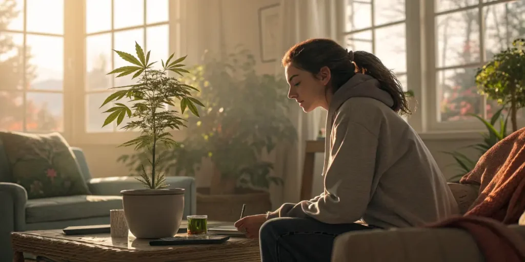 Young woman writing beside a small cannabis plant in a cozy living room.