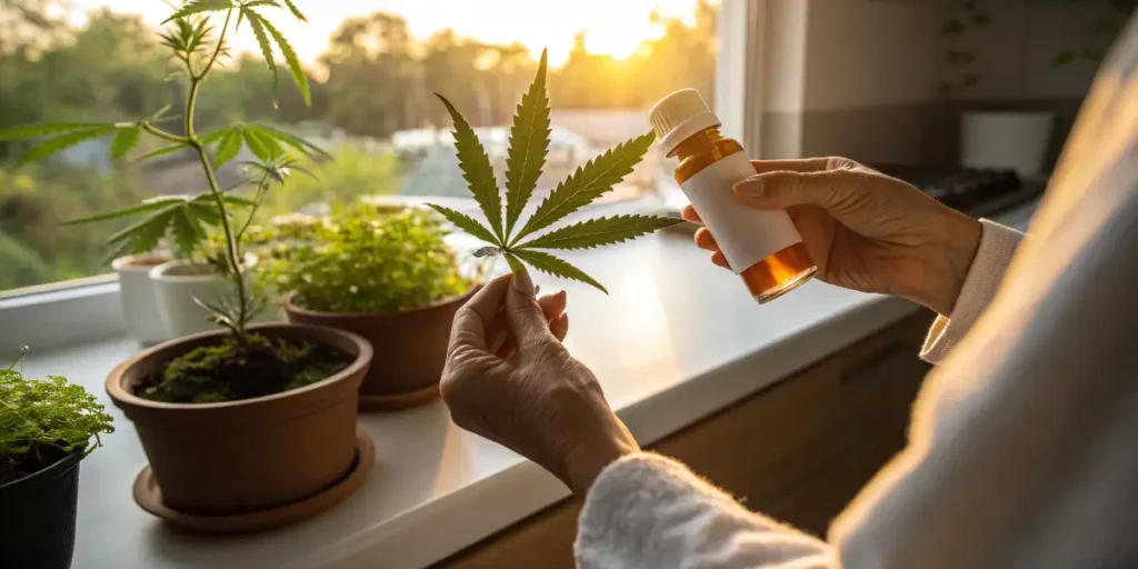 erson holding a cannabis leaf and a bottle of cannabis oil near potted plants by a window.