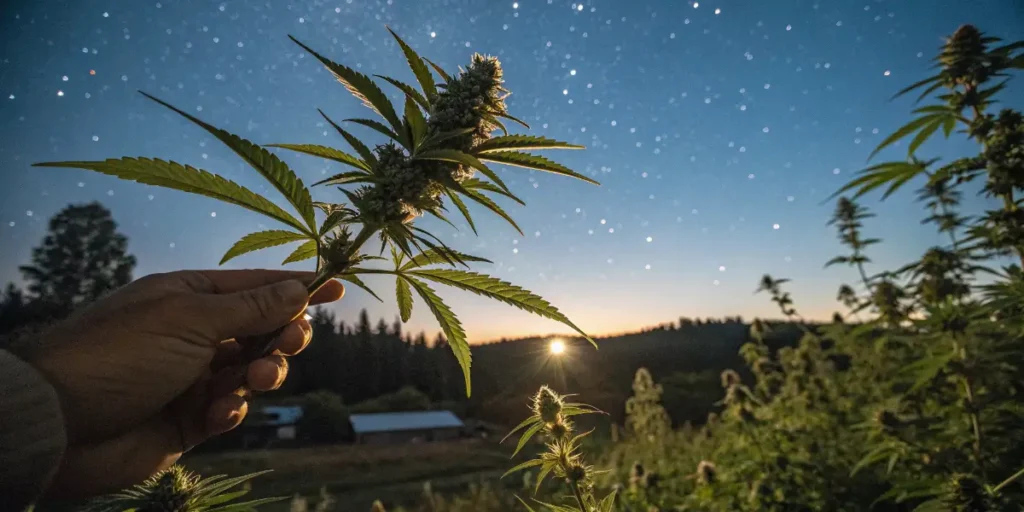 Hand holding a cannabis plant under a starry night sky.