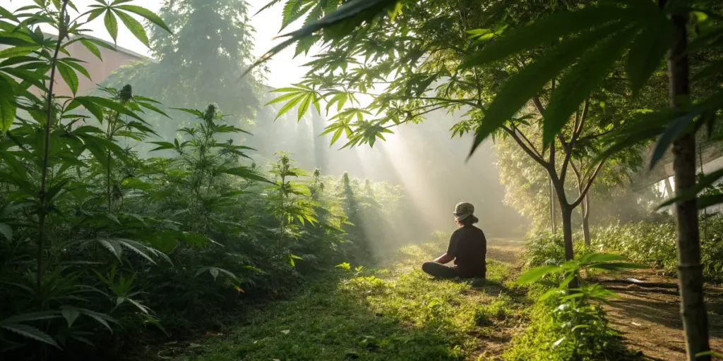 Person meditating in a cannabis garden surrounded by sunlight.
